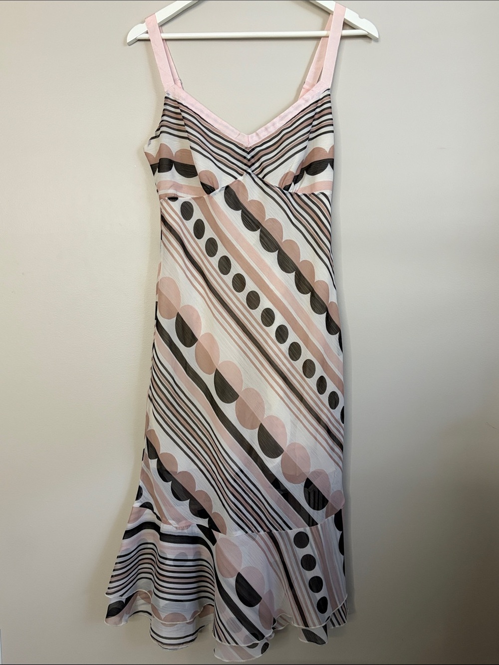 Vintage Pastel Pink Geo-Print Midi Slip Dress